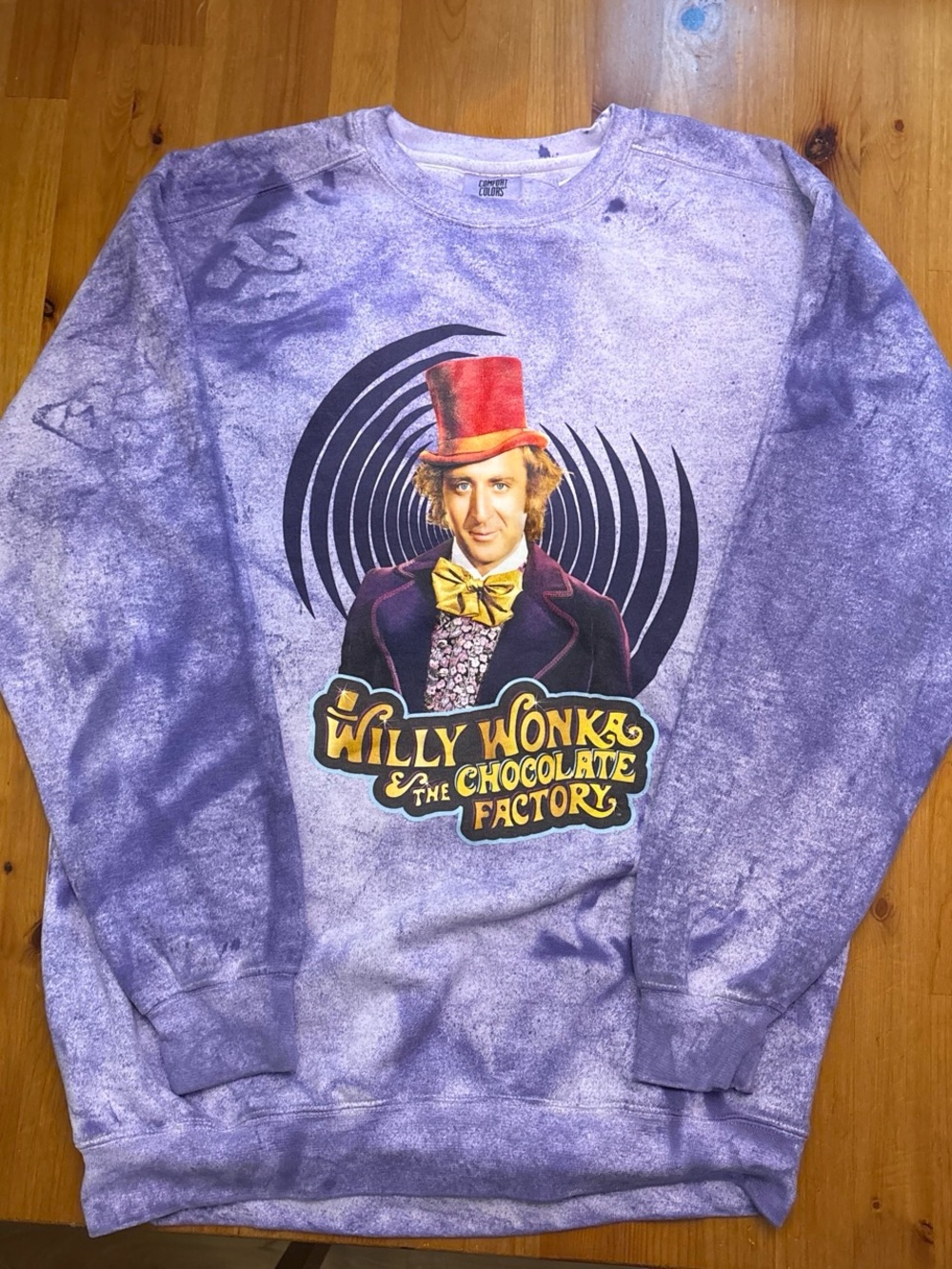 Comfort Colors Purple Tie Dye Willy Wonka Graphic Crewneck Sweatshirt